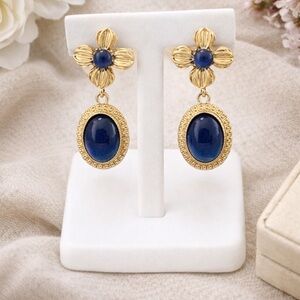 Vintage Style Blue Cabochon Drop Earrings | Gold Tone Floral Statement Earrings